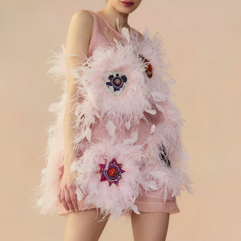 Cynthia Rowley Pale Pink Feather-Embellished Mini Dress